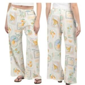 Label of Love Wide Leg Linen Blend Pant Limone Print LARGE Vaction Resort Summer
